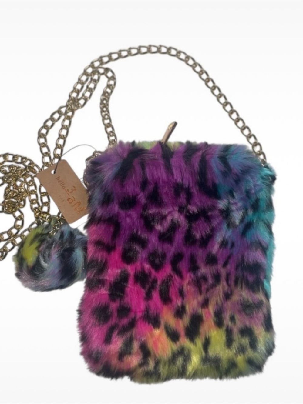 3am Rainbow Leopard Faux Fur Crossbody Bag with Gold Chain